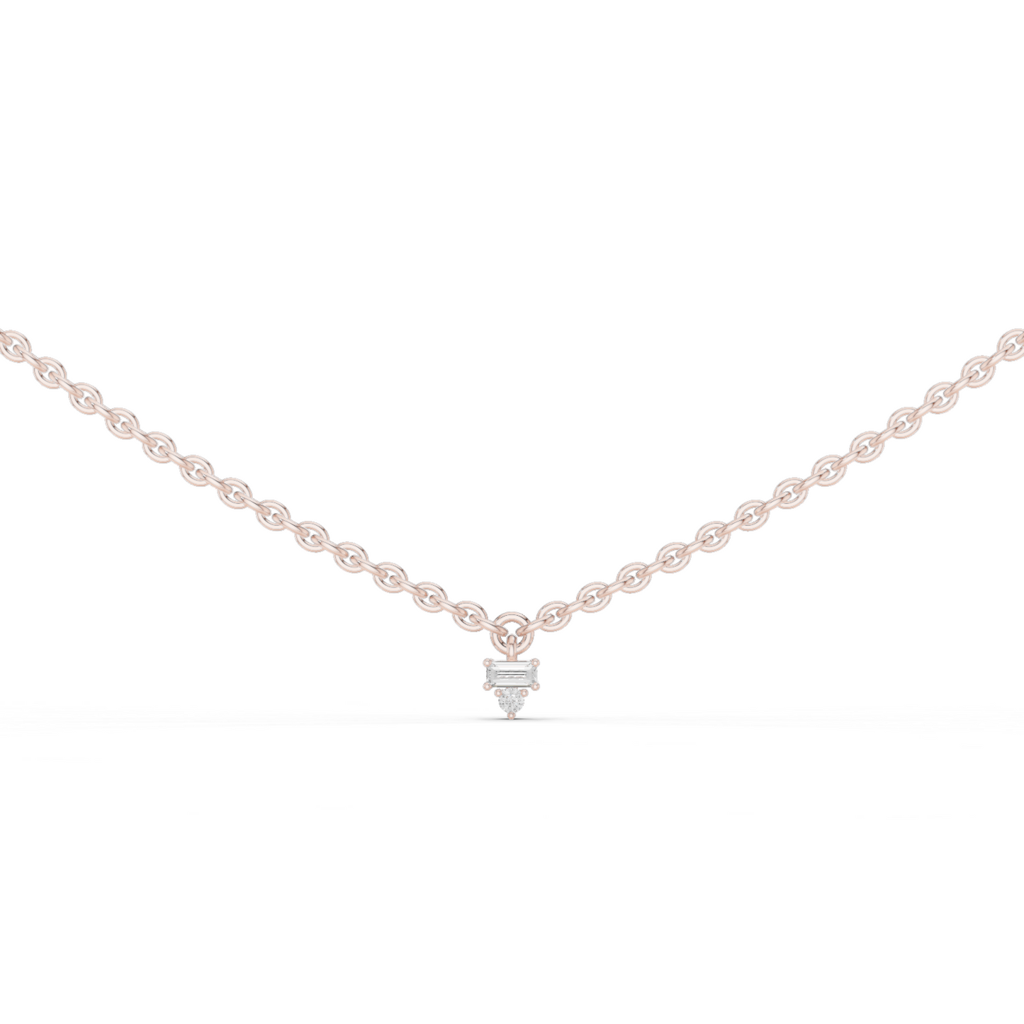 14k Solid Rose Gold 5 Stone Round & Baguette Square Shape Lab Grown & Natural Diamond Simply Classic Look Diamond Necklace