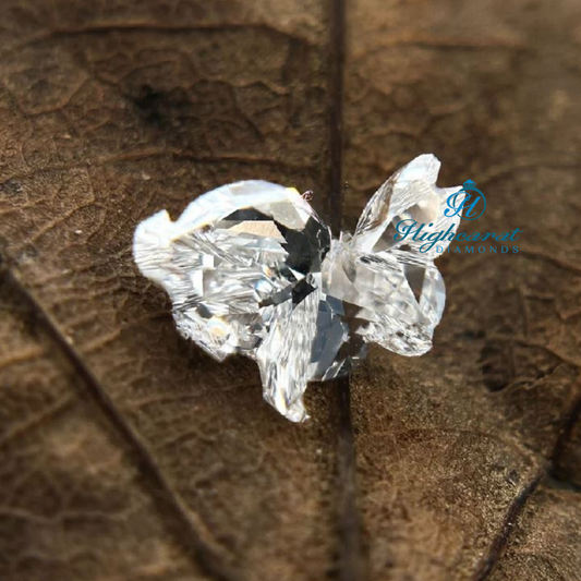 Rabbit inspired lab grown diamond displaying custom shape and sharp facet structure