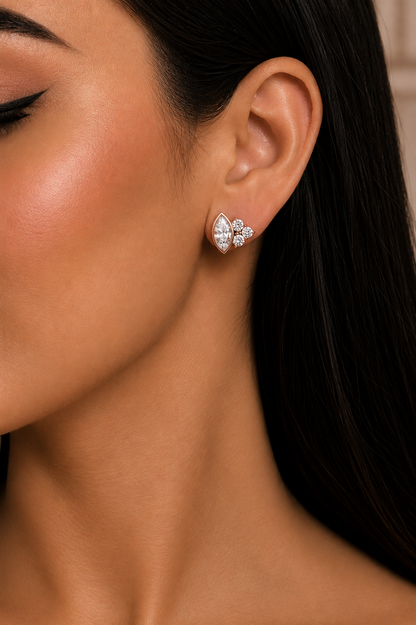 Round And Marquise Cut Top Grade Daimond Unique Bezel Set Elegance Timeless Vintage Dainty Stud Earring - HIGHCARAT DIAMONDS