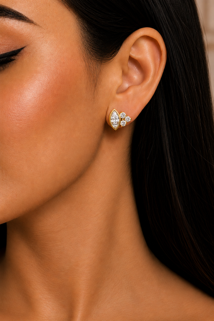 Round And Marquise Cut Top Grade Daimond Unique Bezel Set Elegance Timeless Vintage Dainty Stud Earring - HIGHCARAT DIAMONDS