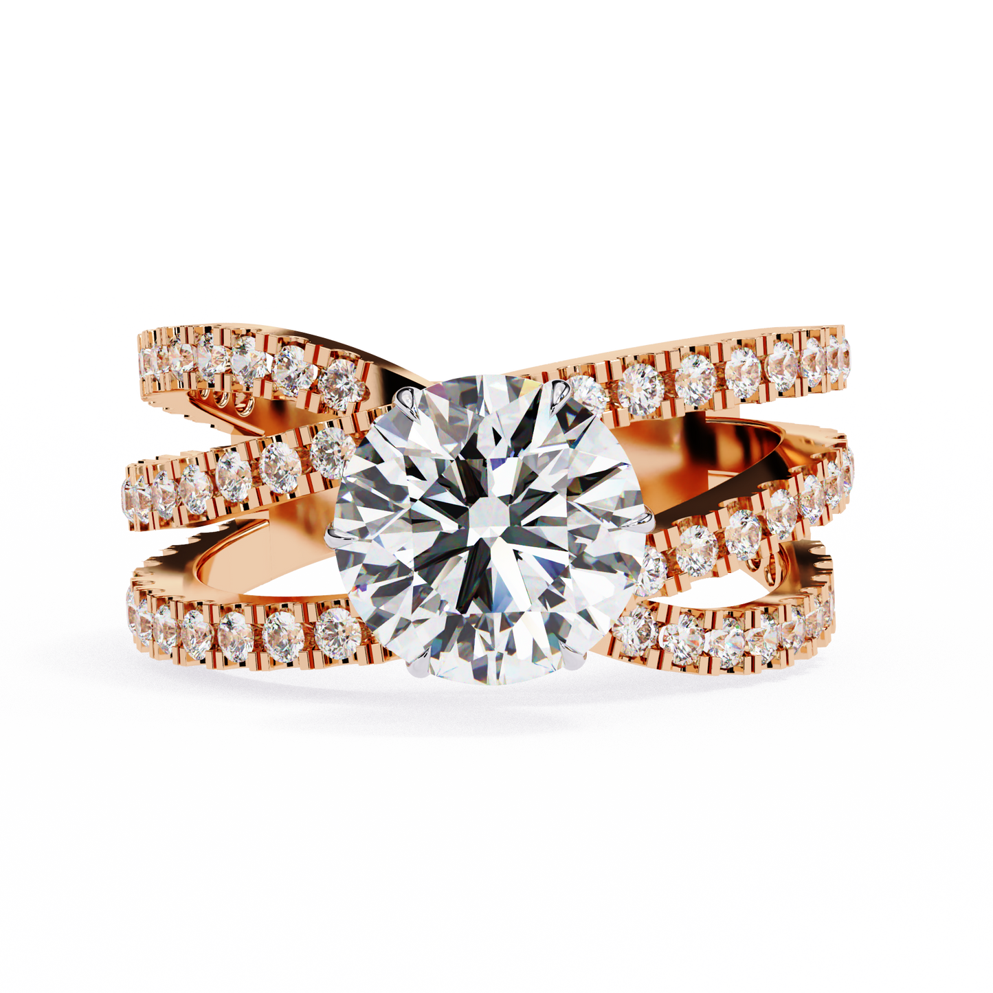 Round Cut Diamond Rose Gold Delicate 1.63 Ct  Three Row Pave Set Engagement Ring and Every Occasion Wear Ring - HIGHCARAT DIAMONDS