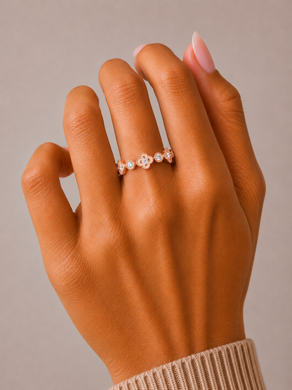 Round Cut Floral Diamond Band Ring In 18K Solid Gold Dainty Minimal & Stackable Gold Ring - HIGHCARAT DIAMONDS