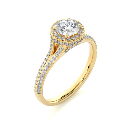 Yellow gold round halo diamond engagement ring with split shank design
