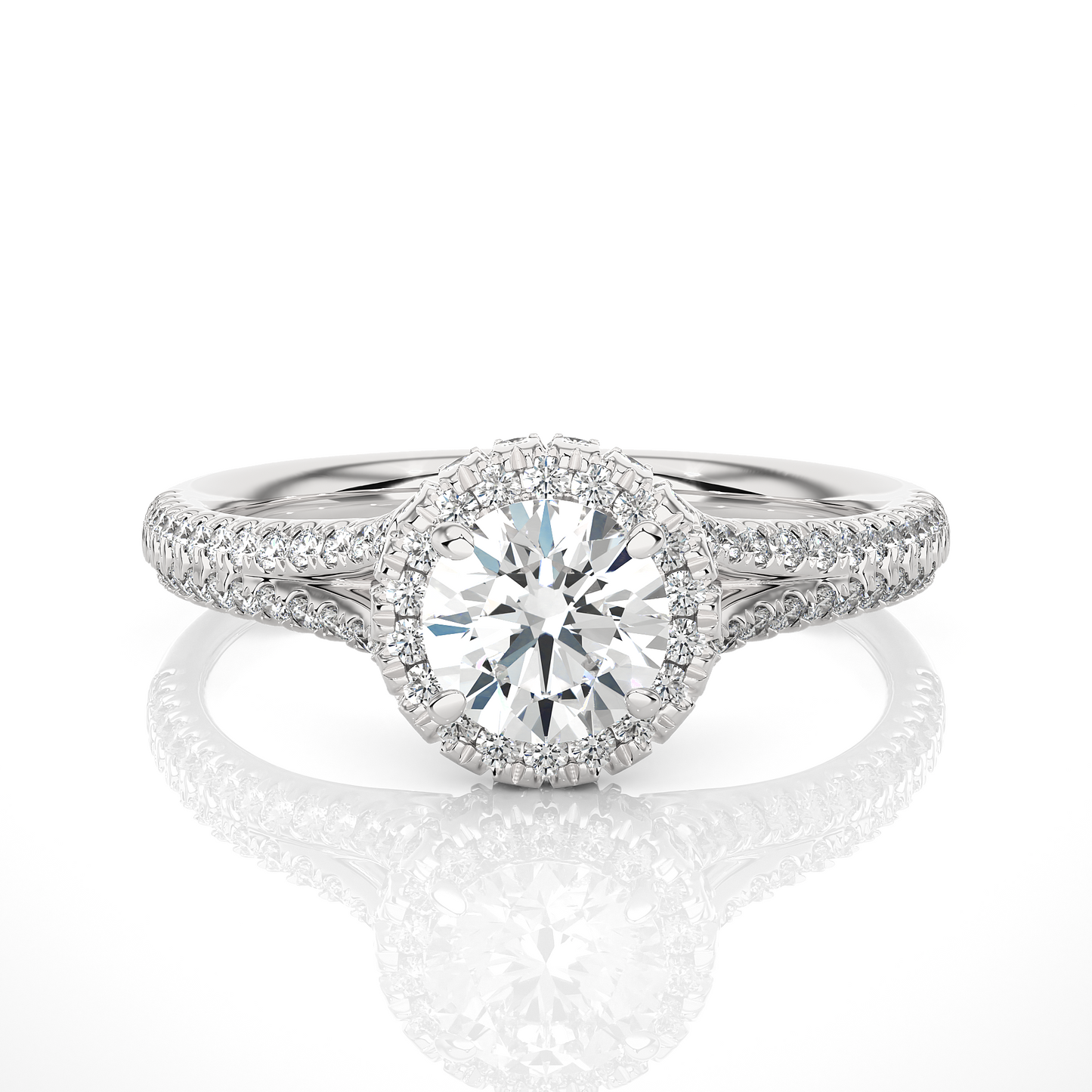 Front view of round cut halo lab diamond ring with pave band in white gold
