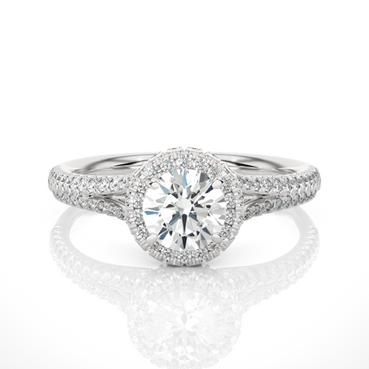 Front view of round cut halo lab diamond ring with pave band in white gold