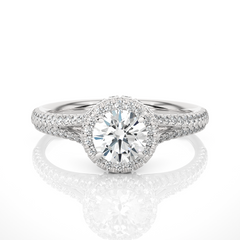Front view of round cut halo lab diamond ring with pave band in white gold