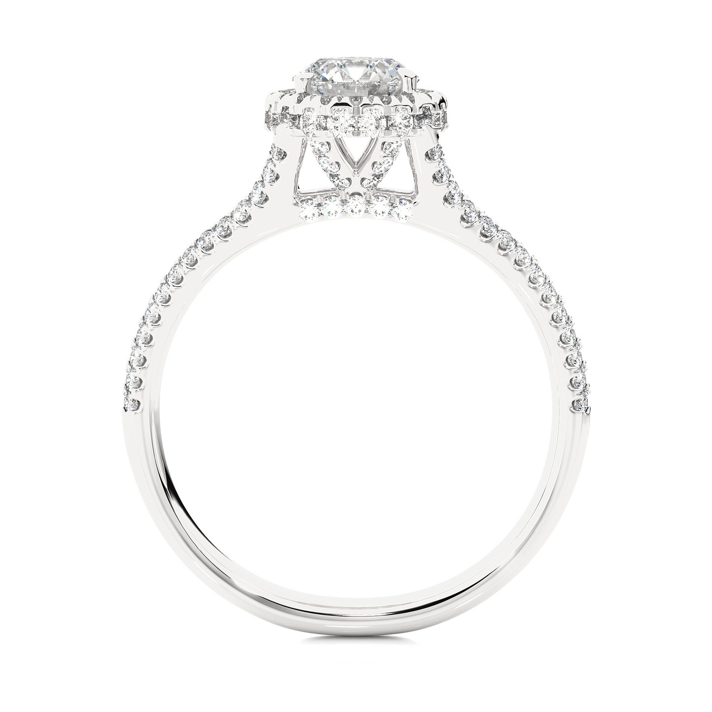 Close up of round cut lab grown diamond with halo and pave details