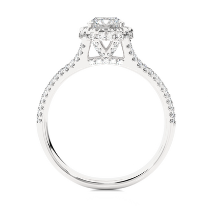 Close up of round cut lab grown diamond with halo and pave details
