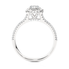 Close up of round cut lab grown diamond with halo and pave details