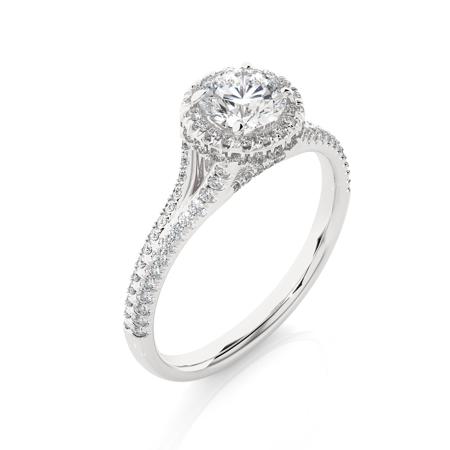 Side profile of round halo lab diamond ring with pave prong setting