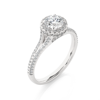 Side profile of round halo lab diamond ring with pave prong setting