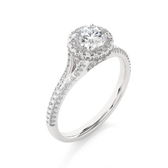 Side profile of round halo lab diamond ring with pave prong setting
