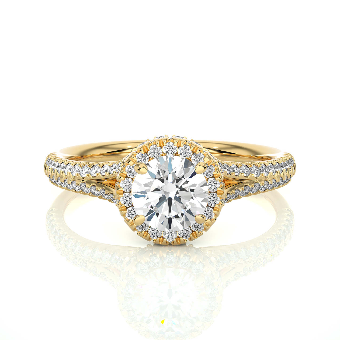 Rose gold round cut lab grown diamond ring with pave halo setting