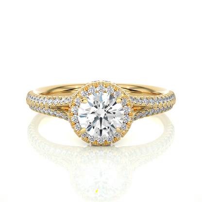 Rose gold round cut lab grown diamond ring with pave halo setting