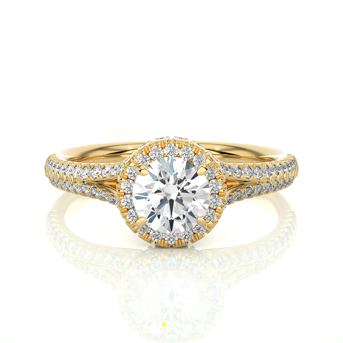 Rose gold round cut lab grown diamond ring with pave halo setting