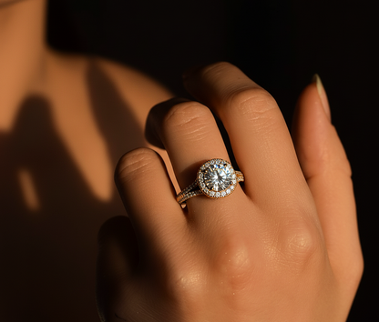 Rose gold halo engagement ring styled on hand with round center diamond