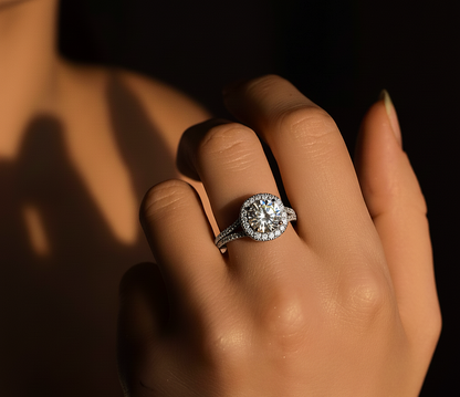 Round halo lab diamond ring worn on finger with white gold finish