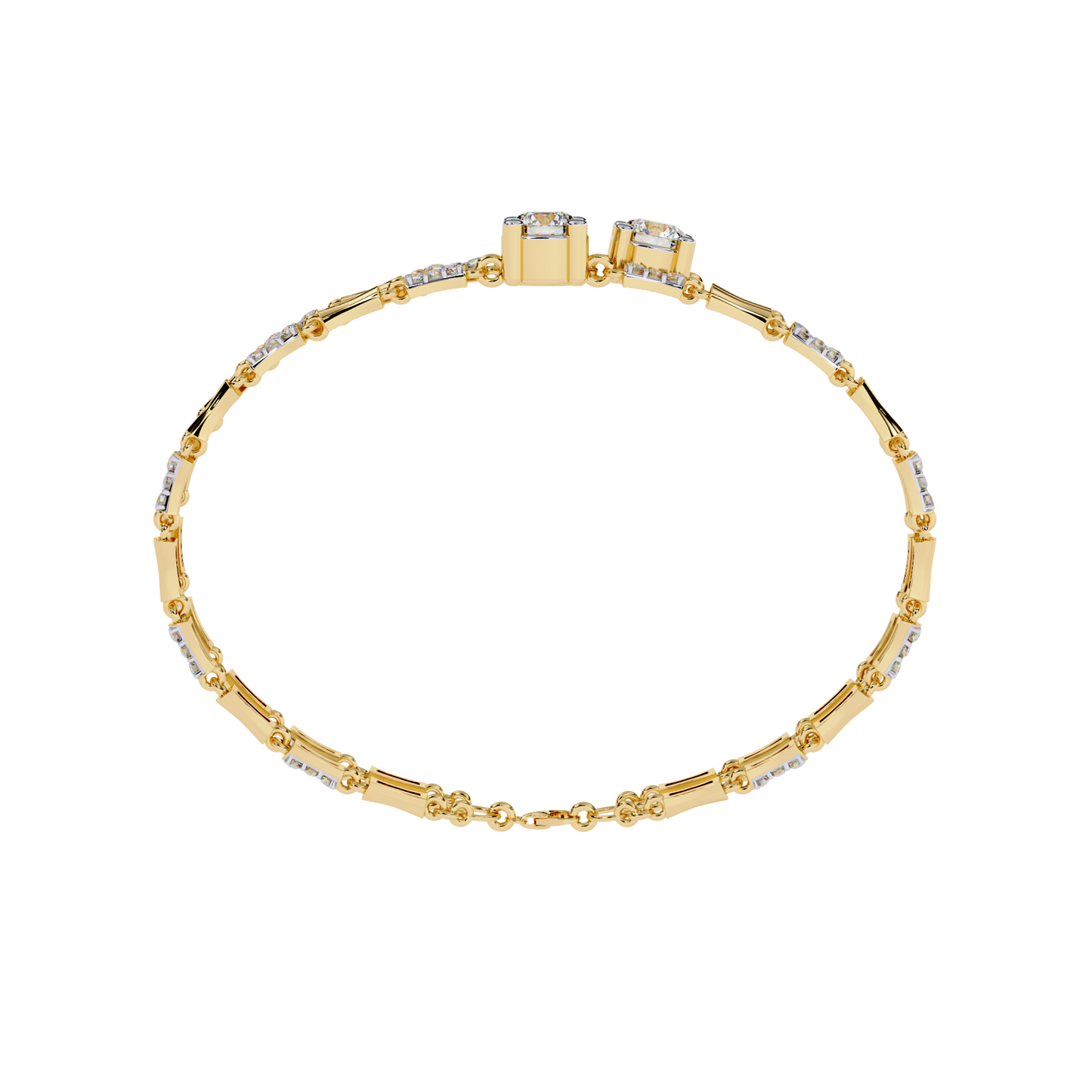 Close up of round cut lab diamonds on prong set bracelet
