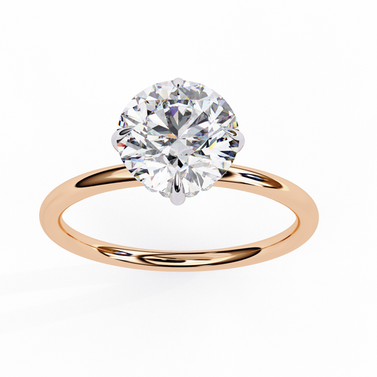 Front view of round cut lab diamond solitaire ring with classic design