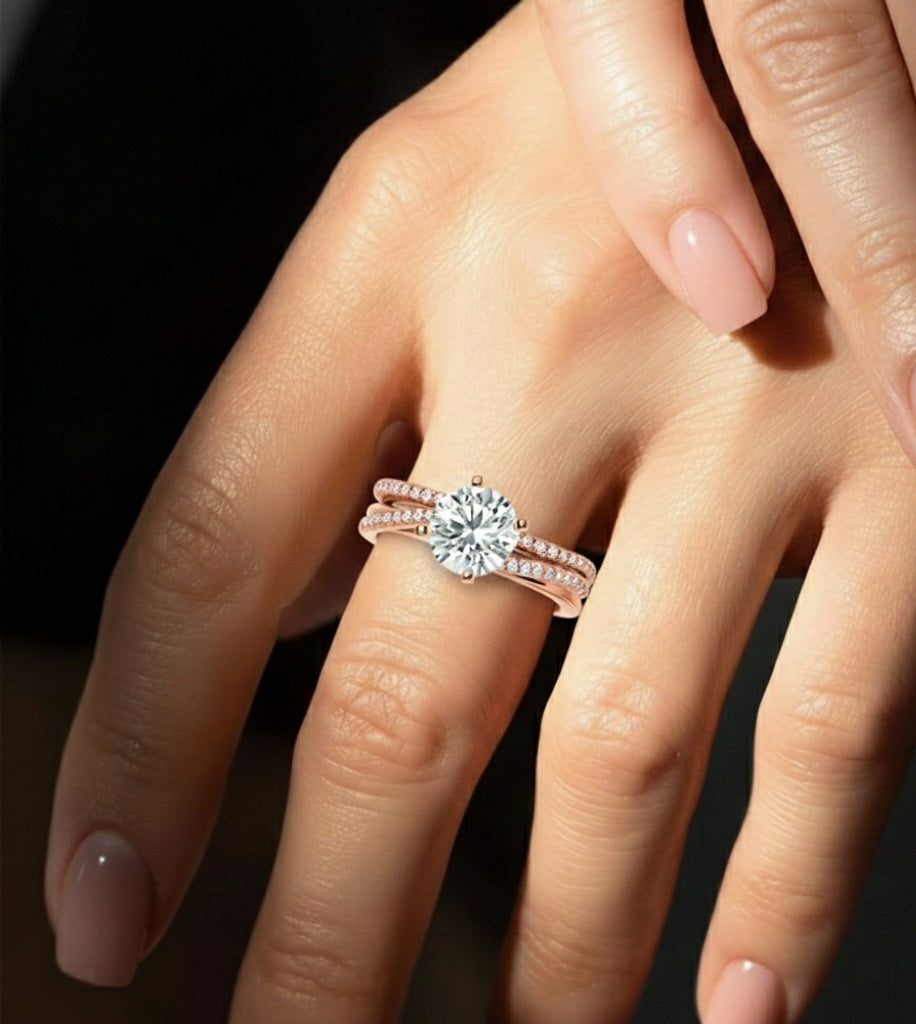 Round Cut  Lab Grown Diamond 14k Solid Gold  Wedding Bridal Set Hidden Halo Ring For women