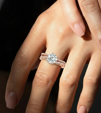 Round Cut  Lab Grown Diamond 14k Solid Gold  Wedding Bridal Set Hidden Halo Ring For women