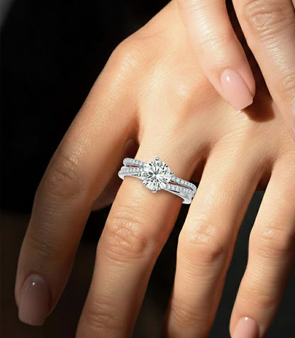 Round Cut  Lab Grown Diamond 14k Solid Gold  Wedding Bridal Set Hidden Halo Ring For women