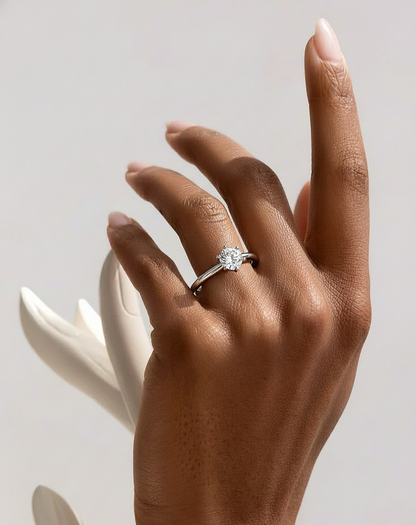 Hand wearing round shape lab diamond solitaire engagement ring