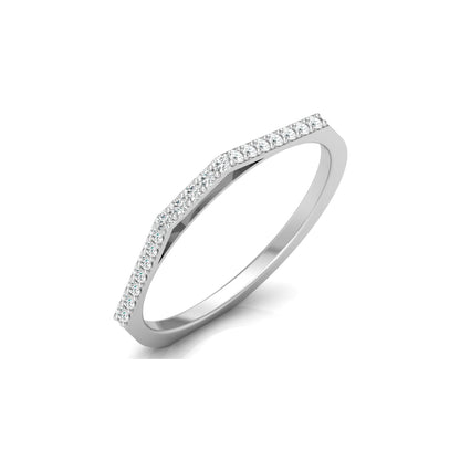 Angled view of curved round diamond wedding band in white gold