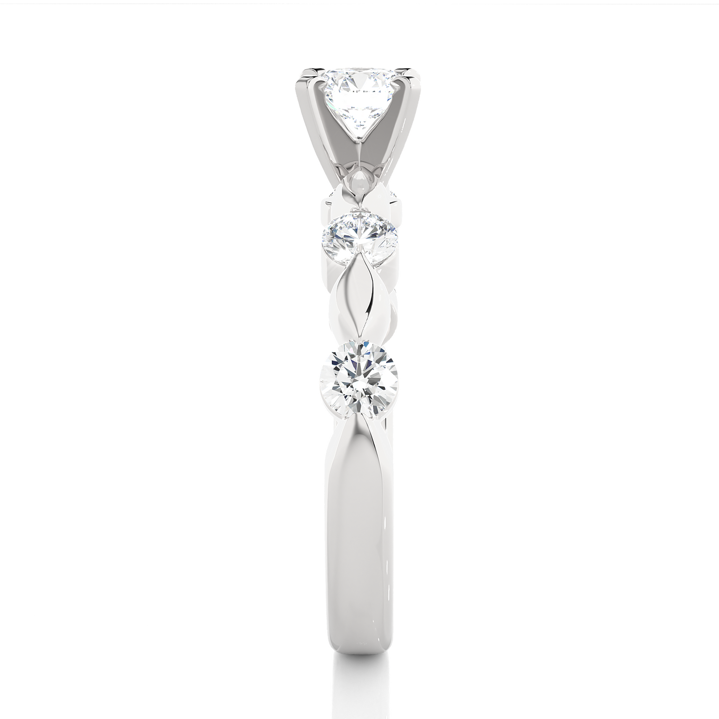 side view of white gold round lab grown diamond ring