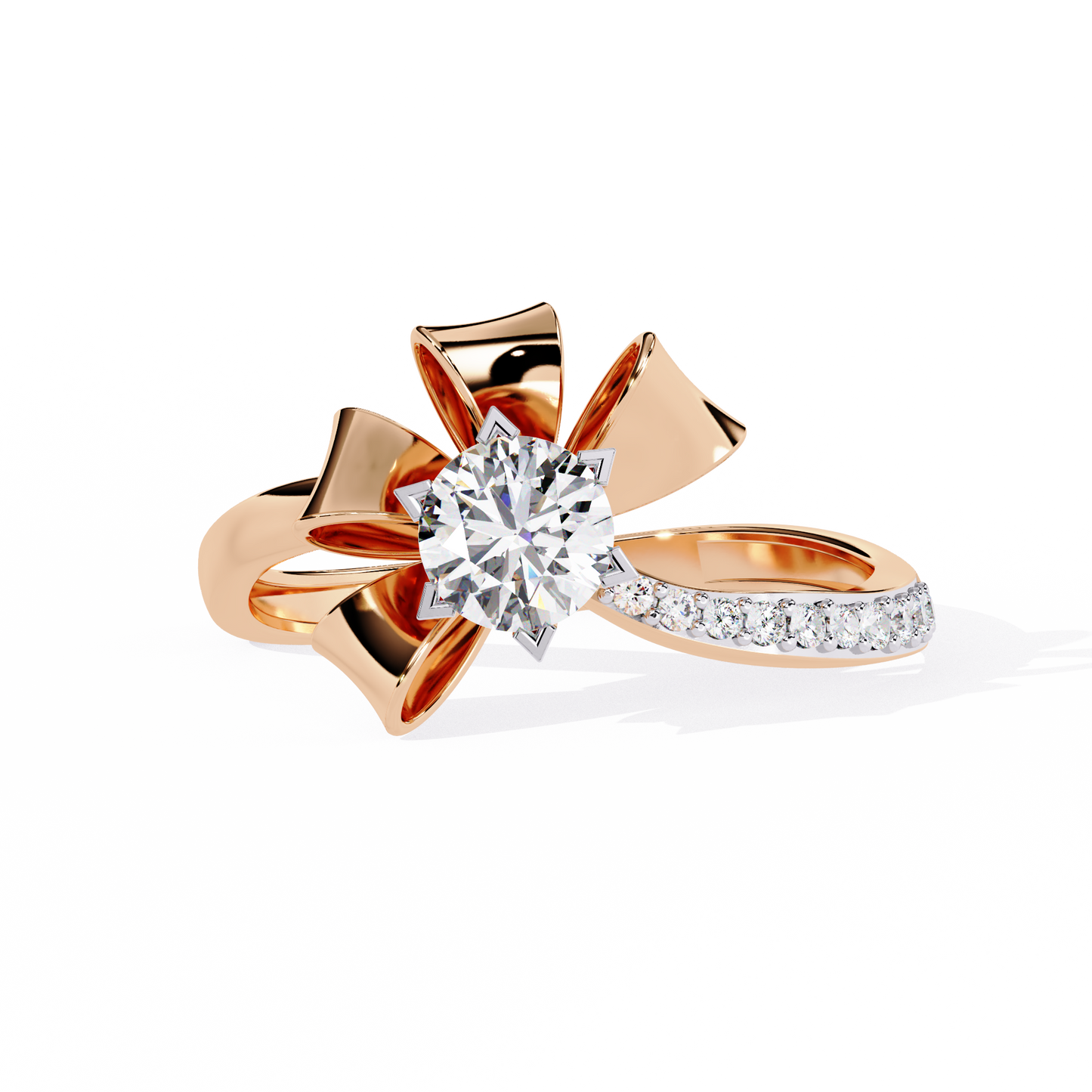 Modern floral engagement ring with round brilliant center diamond