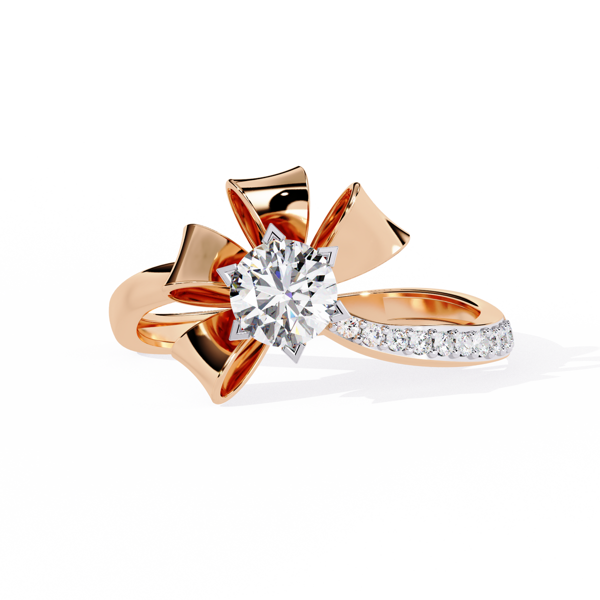 Modern floral engagement ring with round brilliant center diamond