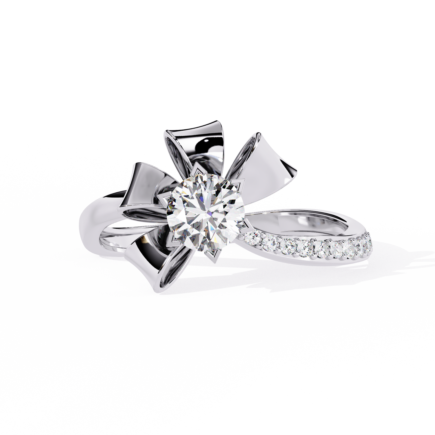 Front view of round cut lab grown diamond floral design ring