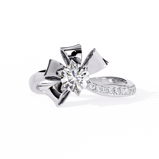 Front view of round cut lab grown diamond floral design ring