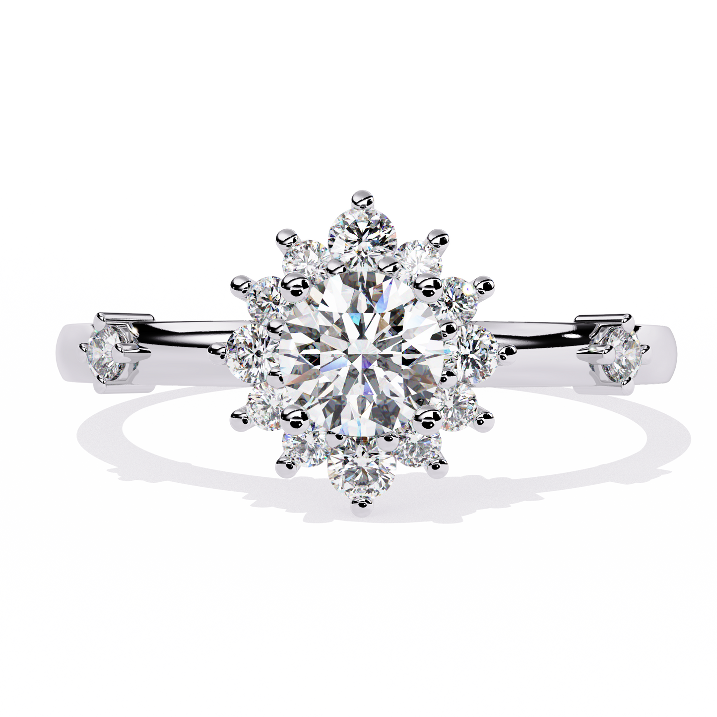 Round Cut Lab Grown Diamond Flower Shape Halo Style Prong Set Miniamlsit Promise Ring Gift For Her
