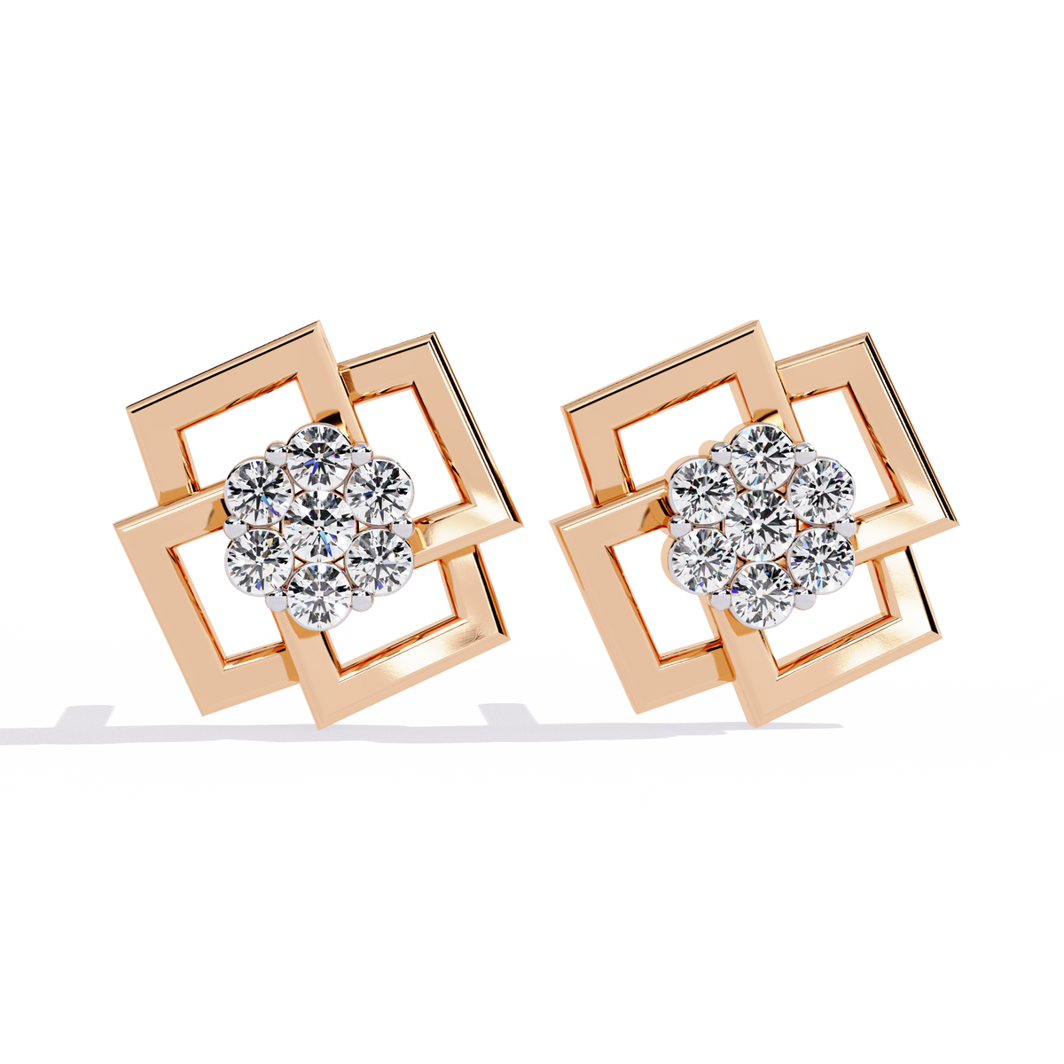 Round Diamond Flower Stud Earrings Side Angle View