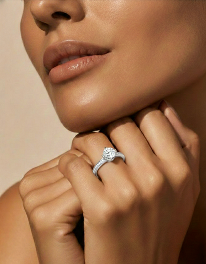 Round Cut Lab Grown  Diamond Halo Engagement 14K Solid Gold Ring For Her - HIGHCARAT DIAMONDS