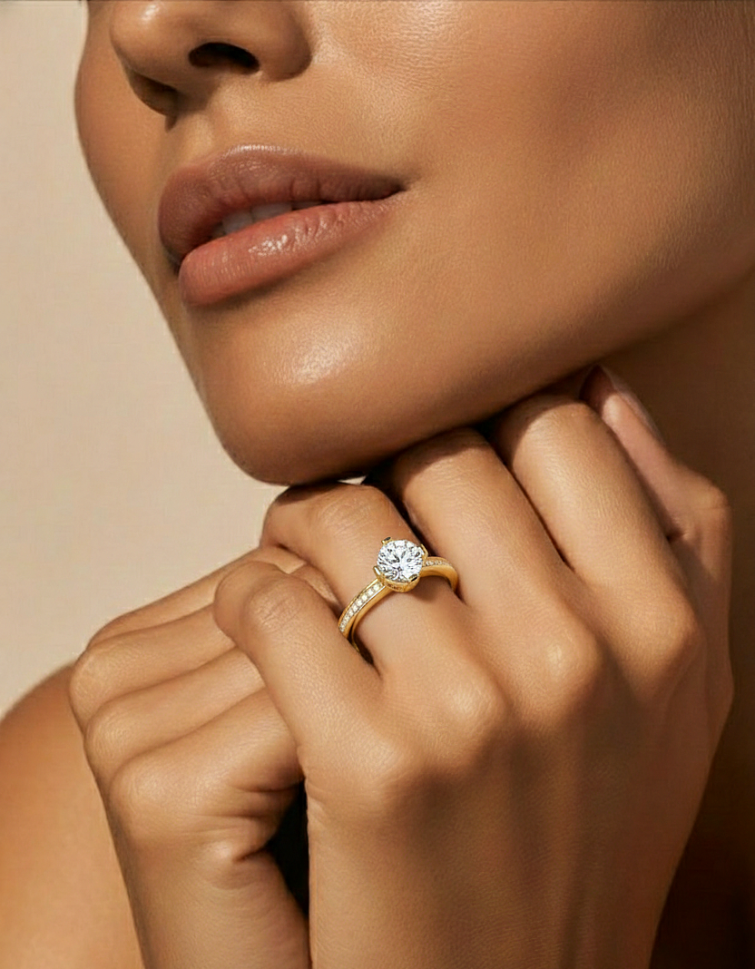 Round Cut Lab Grown  Diamond Halo Engagement 14K Solid Gold Ring For Her - HIGHCARAT DIAMONDS