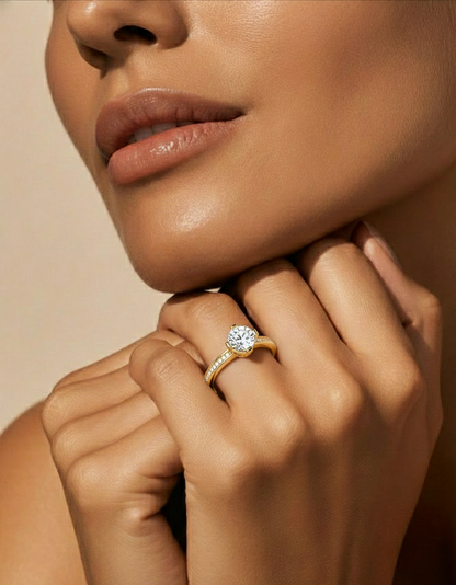 Round Cut Lab Grown  Diamond Halo Engagement 14K Solid Gold Ring For Her - HIGHCARAT DIAMONDS