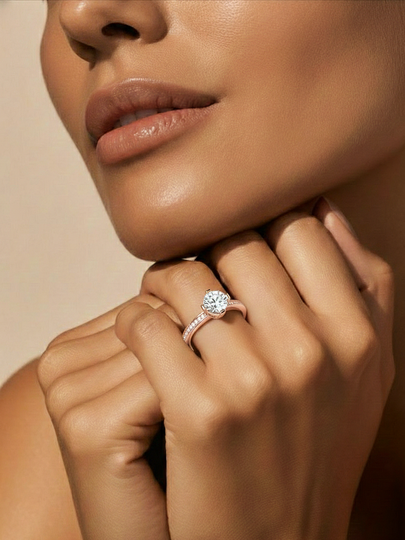 Round Cut Lab Grown  Diamond Halo Engagement 14K Solid Gold Ring For Her - HIGHCARAT DIAMONDS