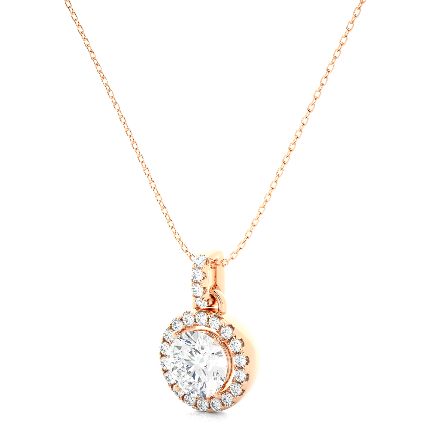 Halo Round Cut Diamond Pendant Necklace in 14k Solid Gold with Labgrown Diamond Accent - HIGHCARAT DIAMONDS