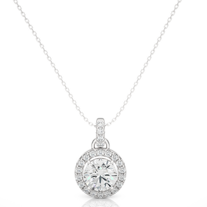Halo Round Cut Diamond Pendant Necklace in 14k Solid Gold with Labgrown Diamond Accent - HIGHCARAT DIAMONDS