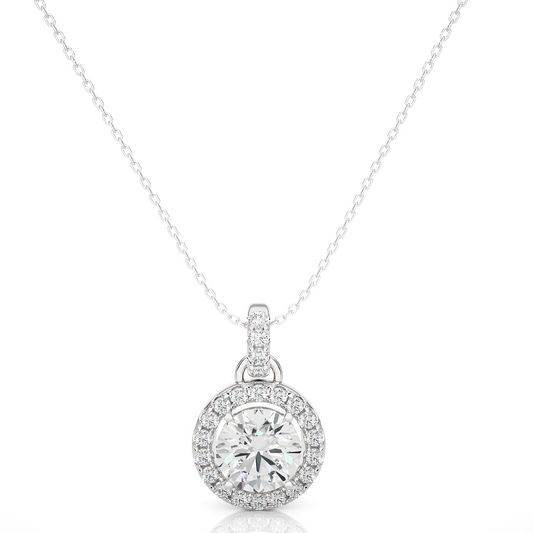 Halo Round Cut Diamond Pendant Necklace in 14k Solid Gold with Labgrown Diamond Accent - HIGHCARAT DIAMONDS