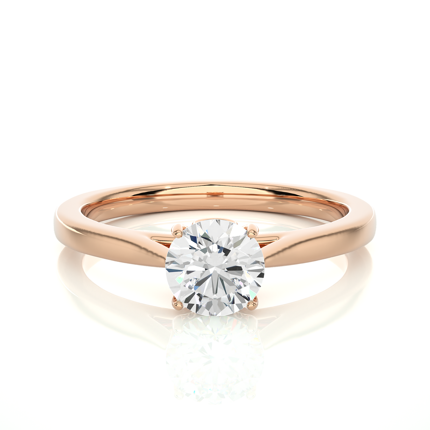 Front view of round cut lab grown diamond solitaire ring with clean design