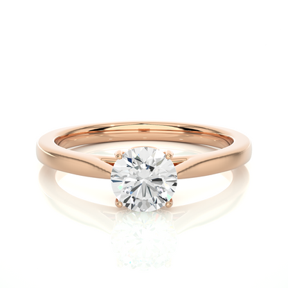 Front view of round cut lab grown diamond solitaire ring with clean design