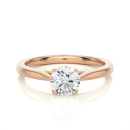 Front view of round cut lab grown diamond solitaire ring with clean design