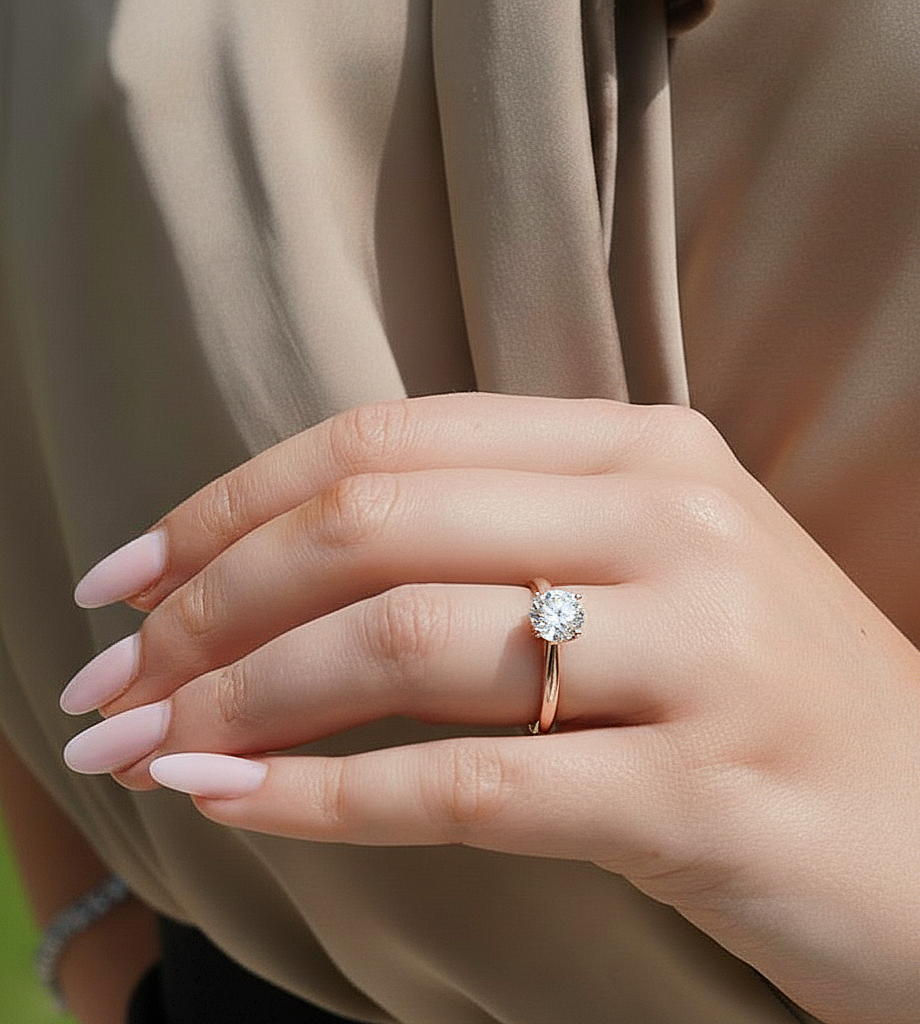 360 view video of round cut colorless lab grown diamond minimalist solitaire ring rotating on white background