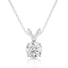 Front view of round cut lab grown diamond solitaire pendant in white gold
