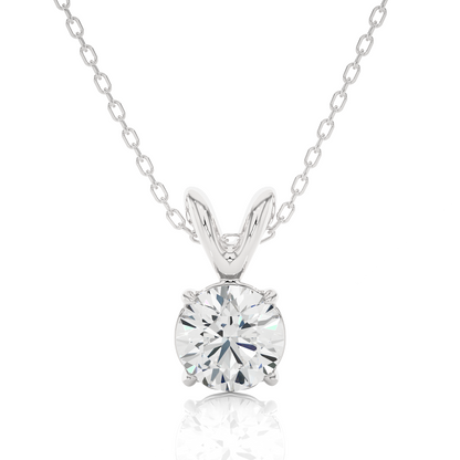 Front view of round cut lab grown diamond solitaire pendant in white gold