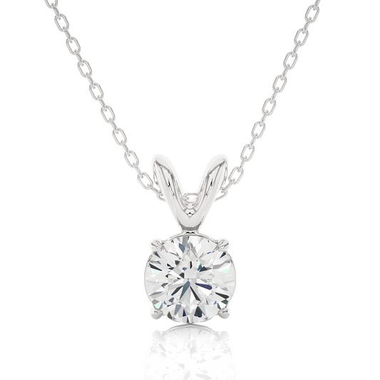 Front view of round cut lab grown diamond solitaire pendant in white gold