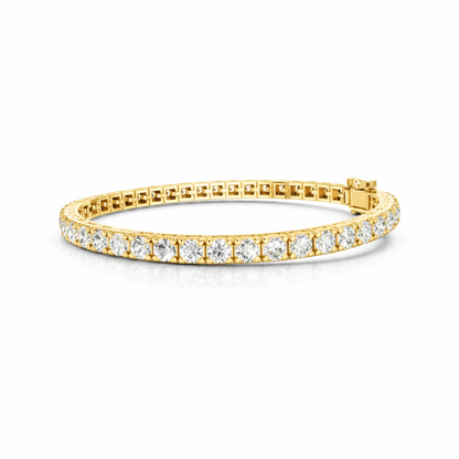 Front view of round cut lab grown diamond tennis bracelet in yellow gold
